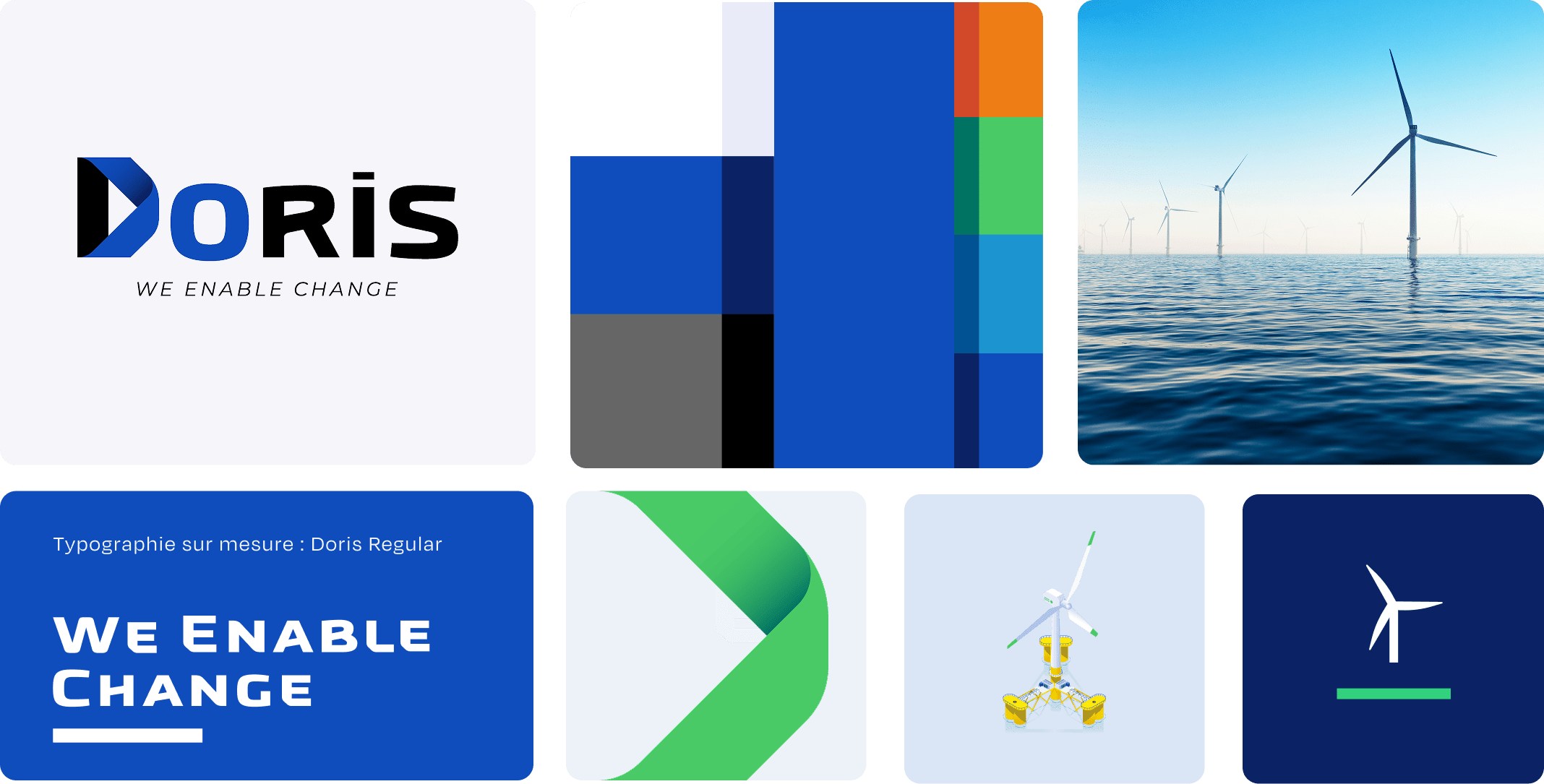 Cartouches identité visuelle DORIS : couleurs, logotypes, éoliennes, typographie, illustrations...